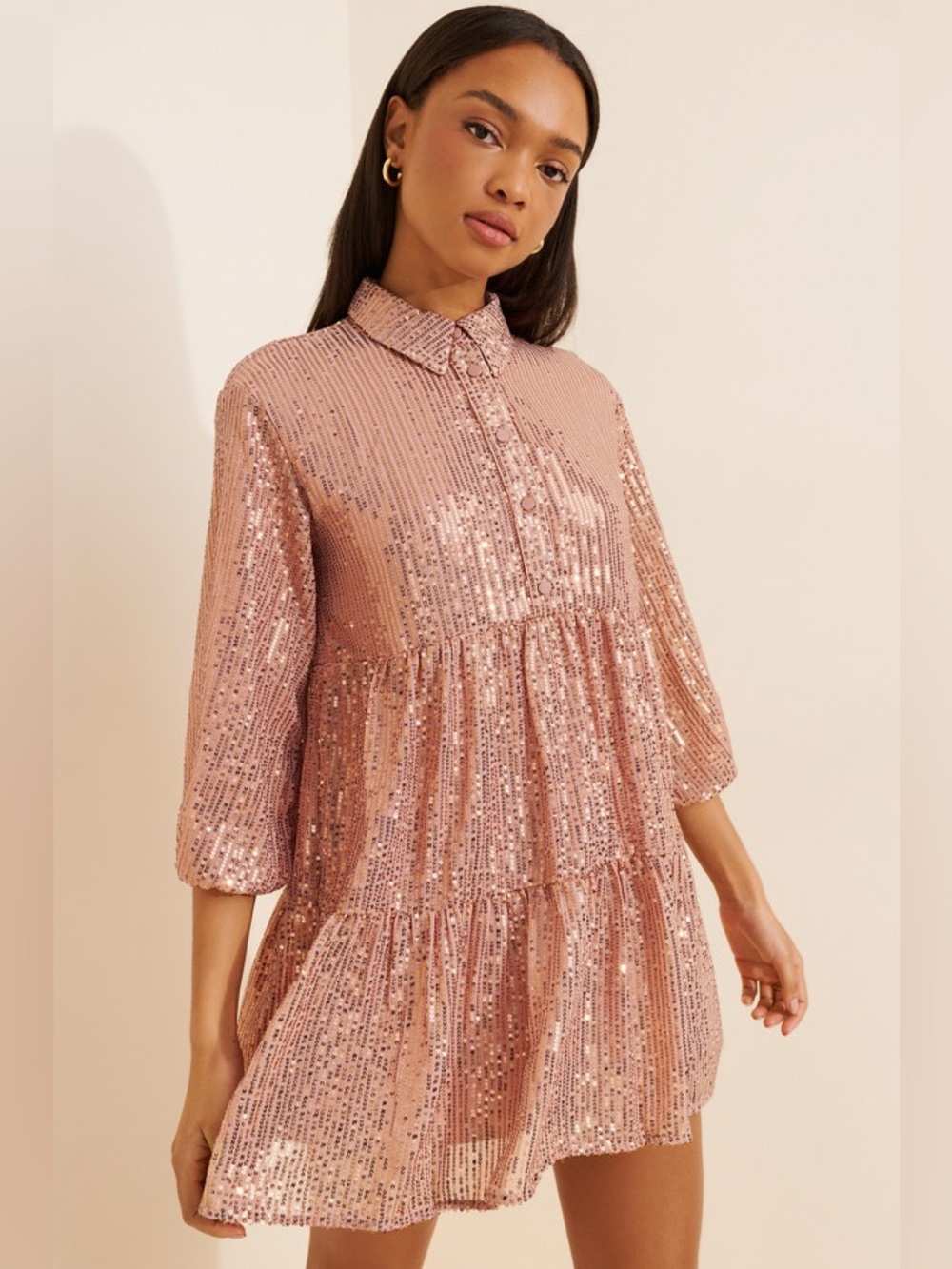 NWT Maeve Anthropologie Rose Gold Sequin Tiered Shirt Dress